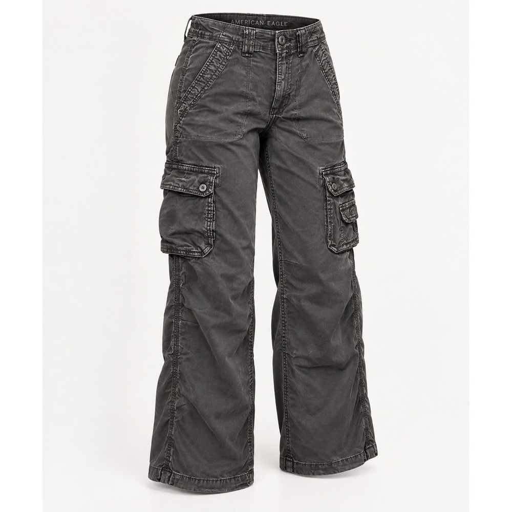 American Eagle Cargo Pants Womens 8 Gray Wide Leg Utility Y2K Grunge Streetwear